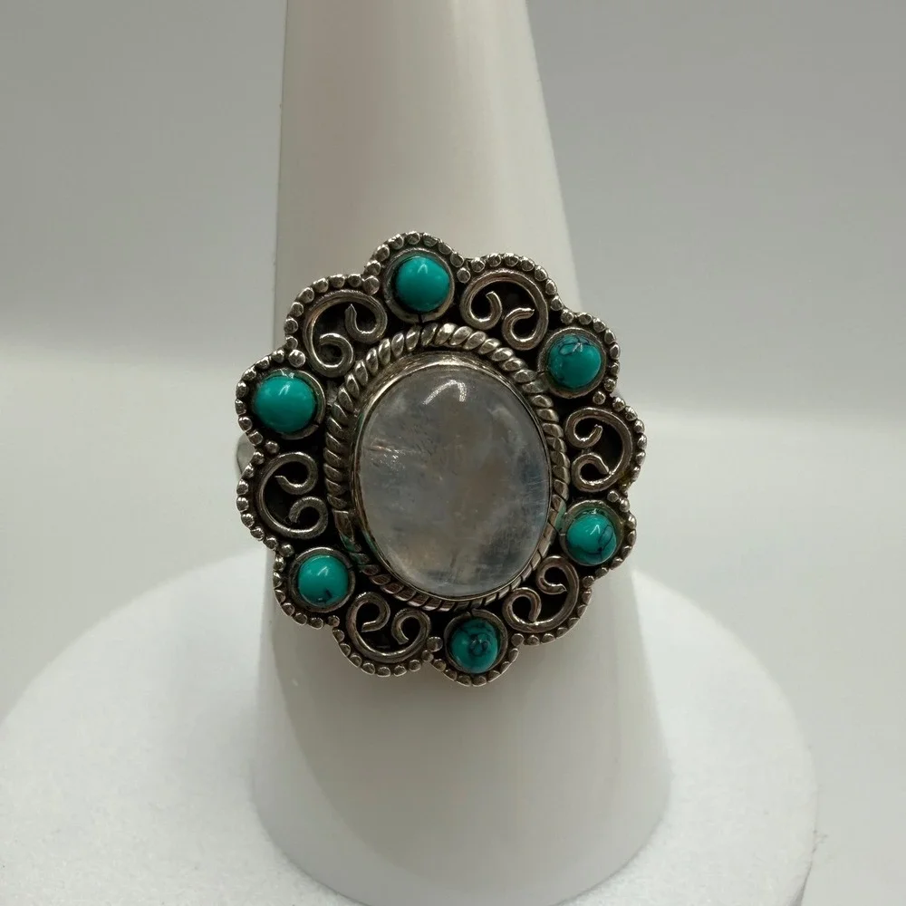 925‎ Sterling Silver Moonstone Turquoise Boho Statement Ring Size 8.5